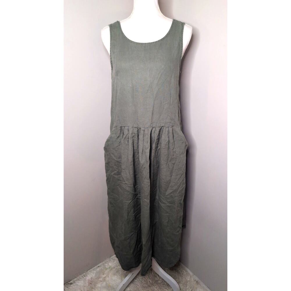 Malvin 100% Linen Maxi Dress Size M Green Sleeveless Pockets